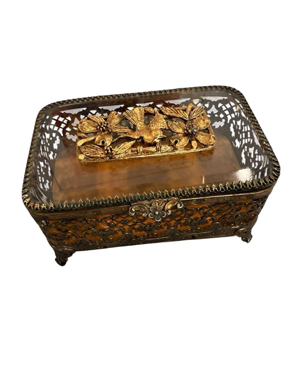 Vintage Matson Ormolu Jewelry Box Gold Filigree Flower Casket Bevel Glass Footed